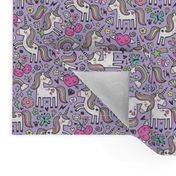 Unicorn & Pink Hearts Rainbow  Love Valentine Doodle on Purple Purpel Smaller 2 inch