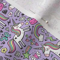 Unicorn & Pink Hearts Rainbow  Love Valentine Doodle on Purple Purpel Smaller 2 inch