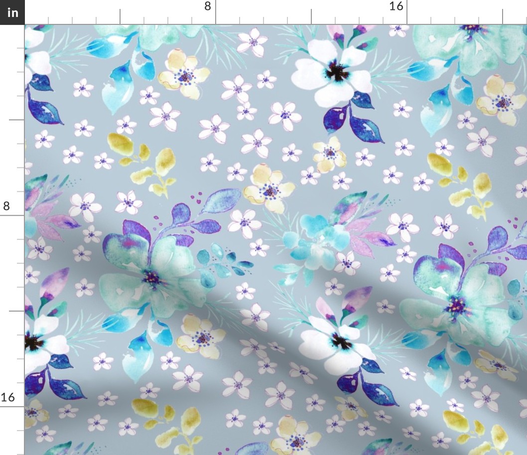 Rosehip flowers in blue. Use the design for bedroom curtains, duvet cover or bedroom wallpaper. 