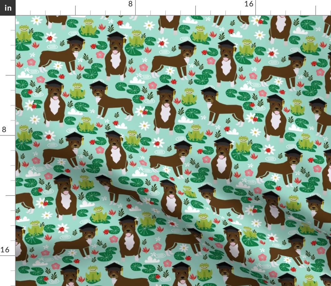 pitbull frogs graduation (larger scale) dog breed fabric 