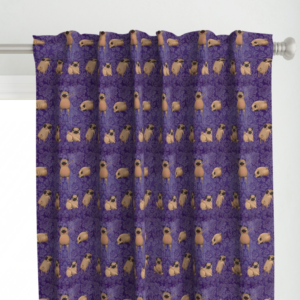 Crazy Pugs on Purple Damask