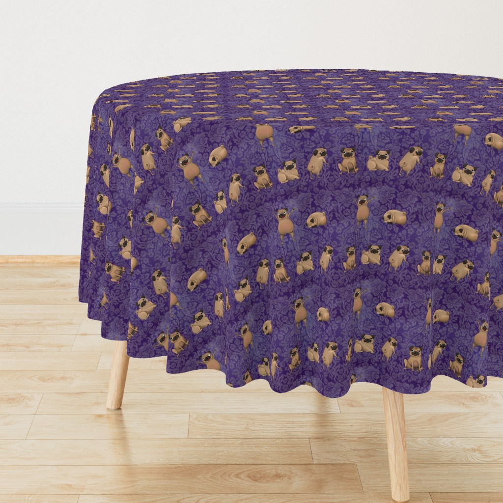 Crazy Pugs on Purple Damask