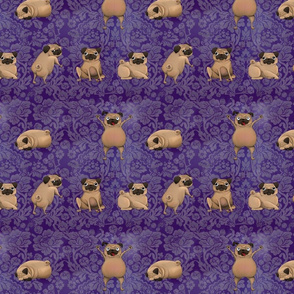 Crazy Pugs on Purple Damask