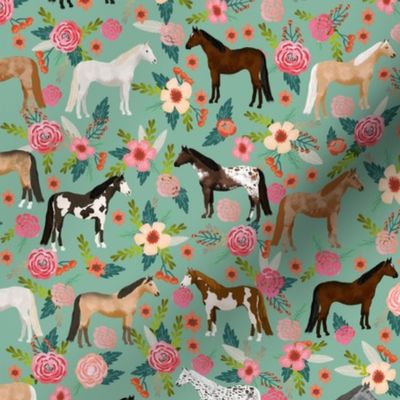 horse multi coat floral horses fabric green