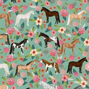 horse multi coat floral horses fabric green