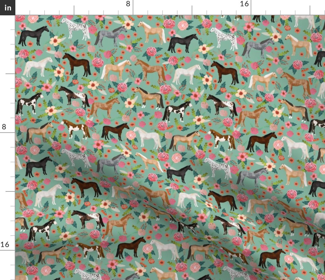 horse multi coat floral horses fabric green