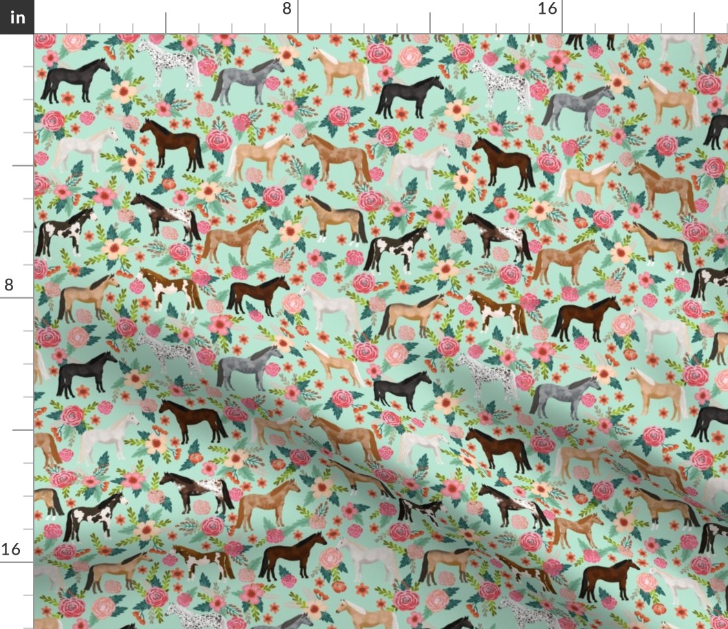 horse multi coat floral horses fabric mint