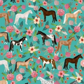 horse multi coat floral horses fabric turq