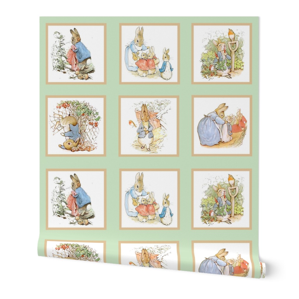 Peter Rabbit Cheater Quilt Block Panel #1 - Moss Green