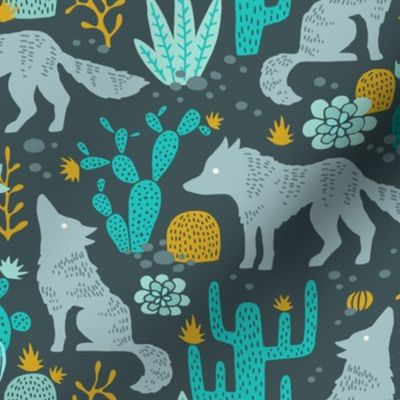 Wolf in the cactus desert turquoise/mustard dark