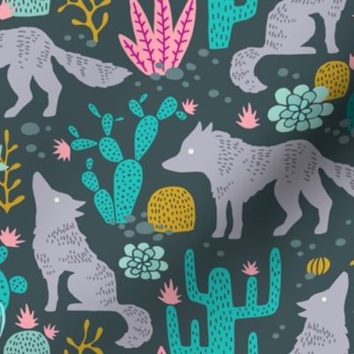 Wolf in the cactus desert turquoise/pink dark