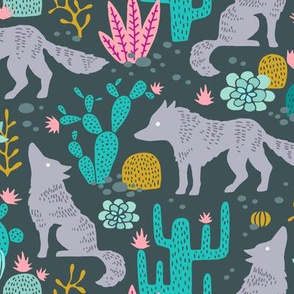 Wolf in the cactus desert turquoise/pink dark