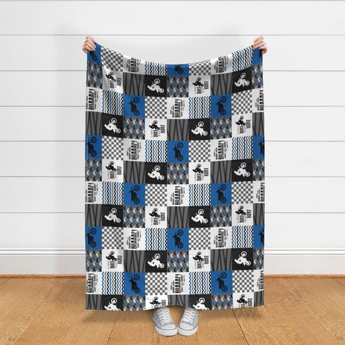 Motocross//a little dirt never hurt - Wholecloth Cheater Quilt - blue - rotated