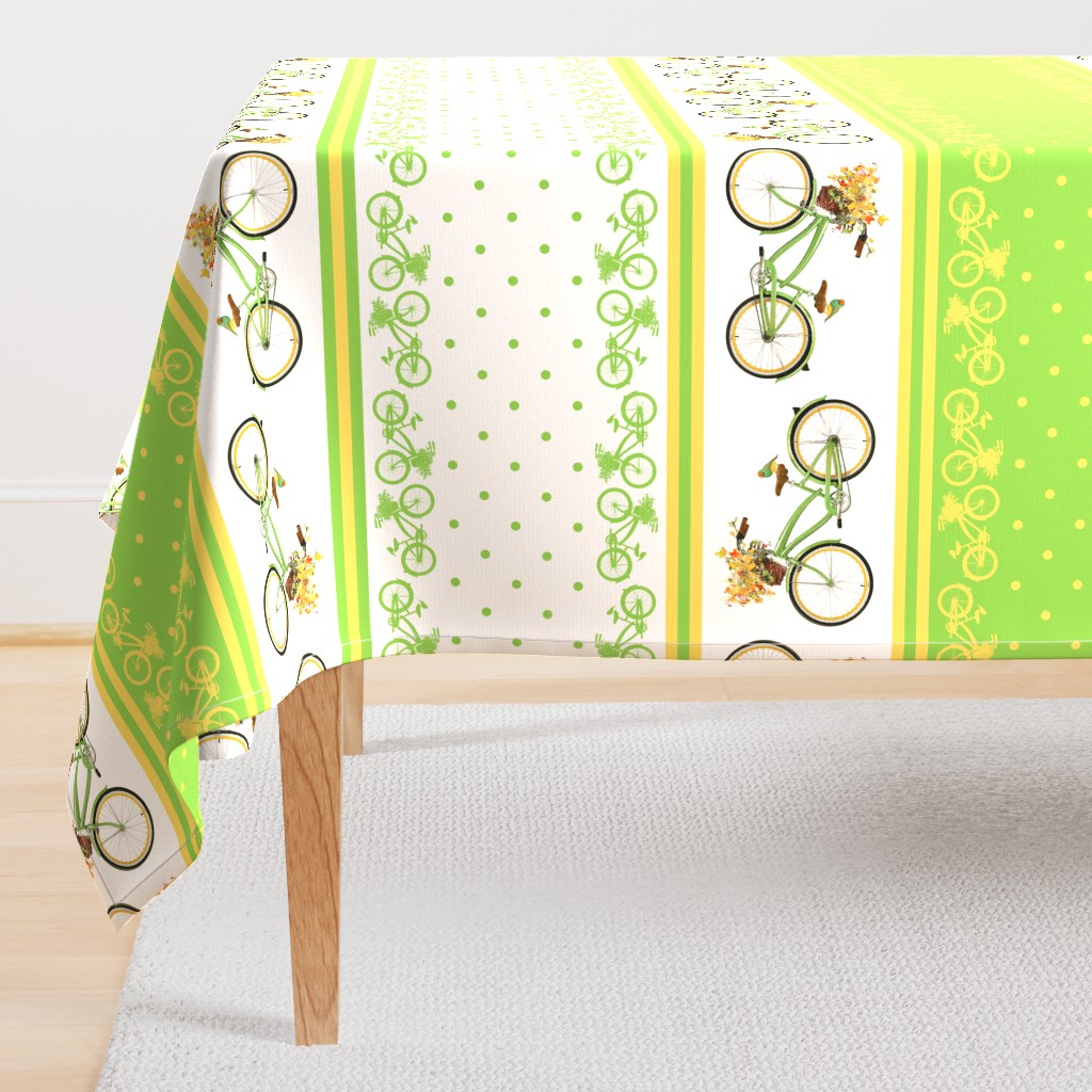 Bicycle bird flowers and polka dots in chartreuse and yellow