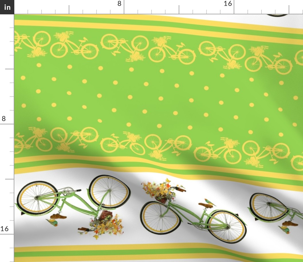 Bicycle bird flowers and polka dots in chartreuse and yellow