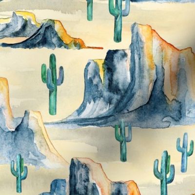 Sunset Desert Mountains with Cacti in Watercolor - large