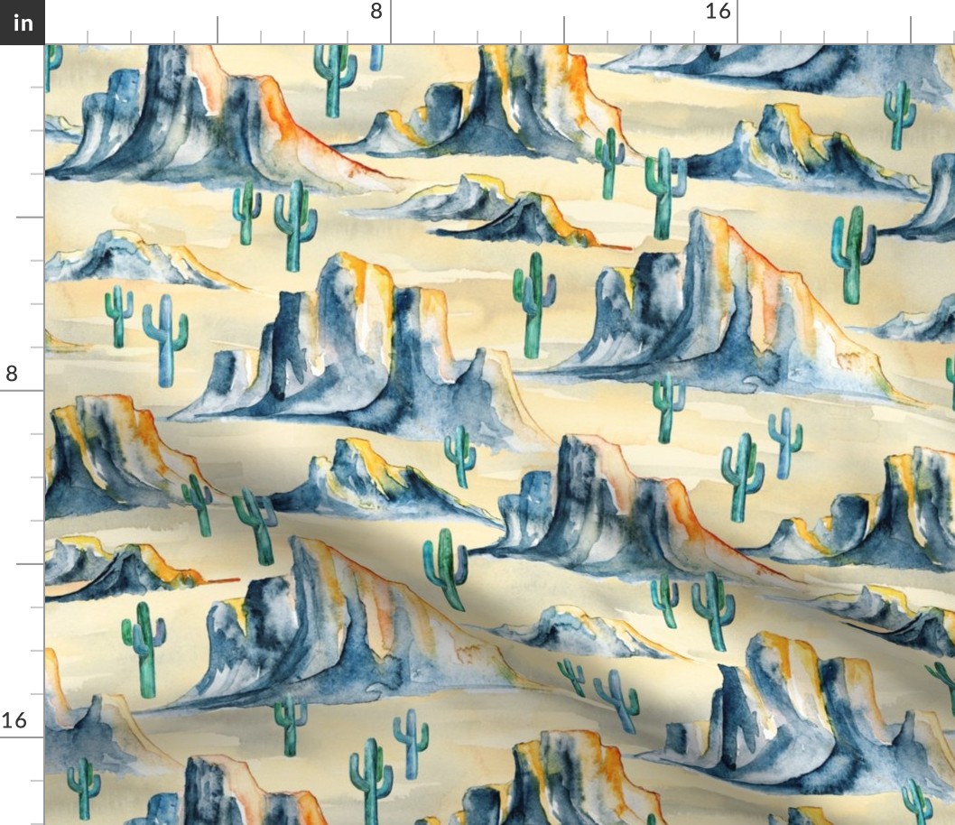 Sunset Desert Mountains with Cacti in Watercolor - large