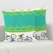 Bicycle bird flowers and polka dots in turquoise and lime