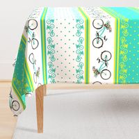 Bicycle bird flowers and polka dots in turquoise and lime