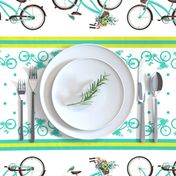 Bicycle bird flowers and polka dots in turquoise and lime