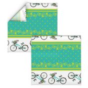 Bicycle bird flowers and polka dots in turquoise and lime