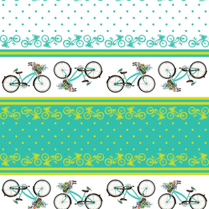 Bicycle bird flowers and polka dots in turquoise and lime