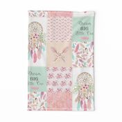 Dream Catcher Patchwork Quilt Top – Wholecloth for Girls Pink Mint Feathers Nursery Blanket Baby Bedding