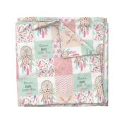 Dream Catcher Patchwork Quilt Top – Wholecloth for Girls Pink Mint Feathers Nursery Blanket Baby Bedding