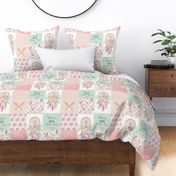 Dream Catcher Patchwork Quilt Top – Wholecloth for Girls Pink Mint Feathers Nursery Blanket Baby Bedding