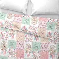 Dream Catcher Patchwork Quilt Top – Wholecloth for Girls Pink Mint Feathers Nursery Blanket Baby Bedding