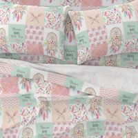 Dream Catcher Patchwork Quilt Top – Wholecloth for Girls Pink Mint Feathers Nursery Blanket Baby Bedding