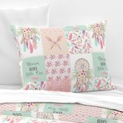 Dream Catcher Patchwork Quilt Top – Wholecloth for Girls Pink Mint Feathers Nursery Blanket Baby Bedding