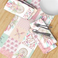 Dream Catcher Patchwork Quilt Top – Wholecloth for Girls Pink Mint Feathers Nursery Blanket Baby Bedding