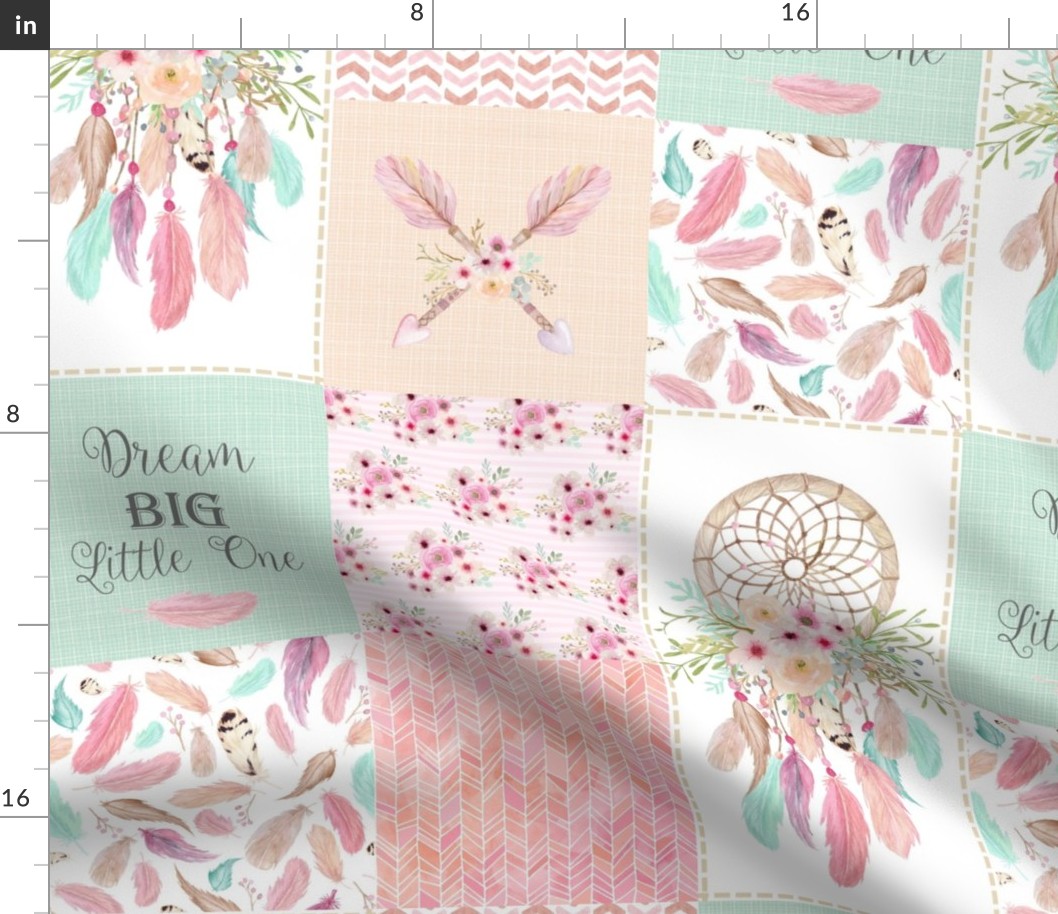 Dream Catcher Patchwork Quilt Top – Wholecloth for Girls Pink Mint Feathers Nursery Blanket Baby Bedding