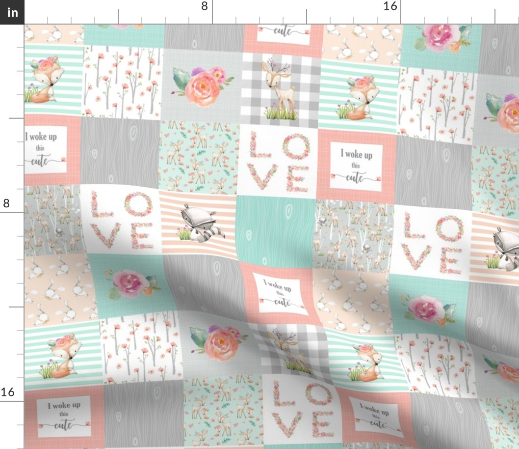 3" BLOCKS- Woodland Animals Baby Girl Quilt Top - Deer Fox Raccoon Patchwork Wholecloth Baby Blanket Gray Mint Peach