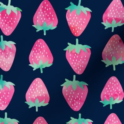 (large scale) strawberries - watercolor pink on navy  C18BS