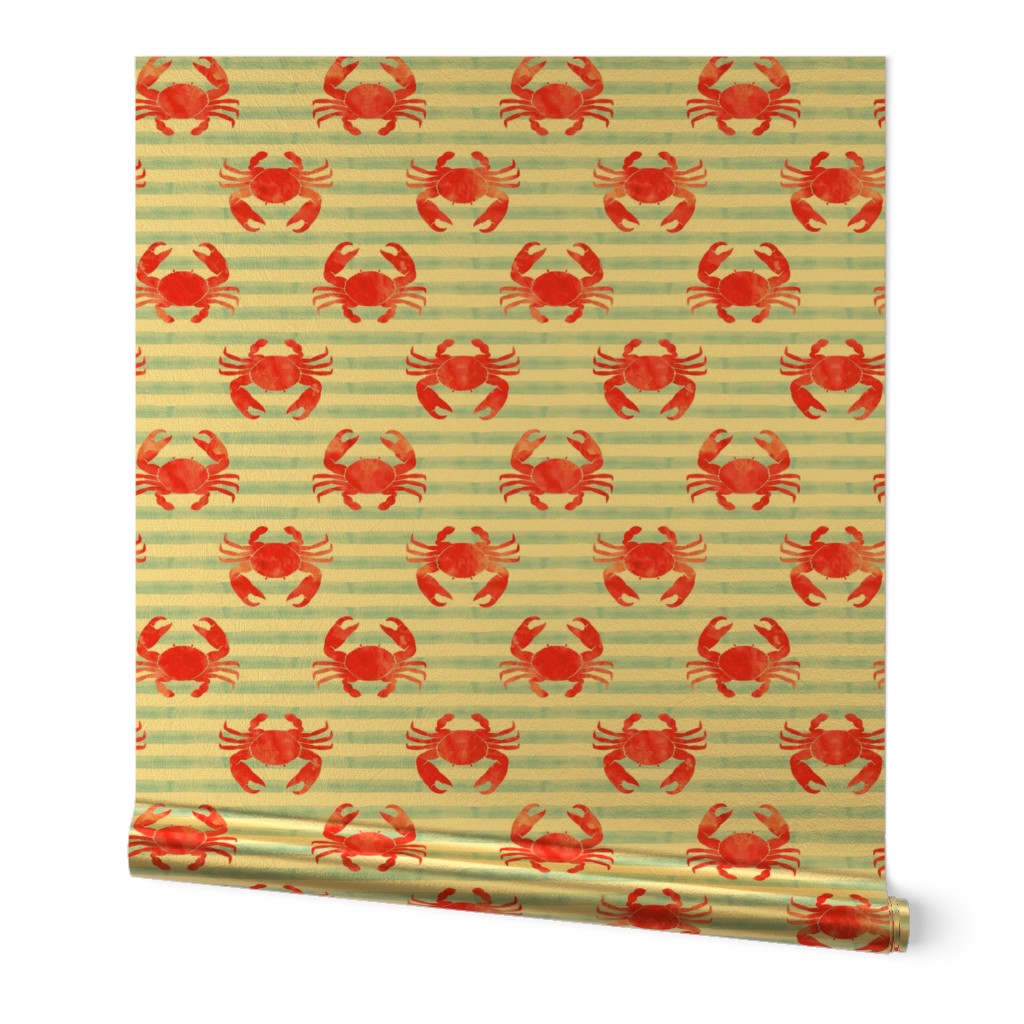 crabs - red on blue stripes - nautical summer fabric watercolor