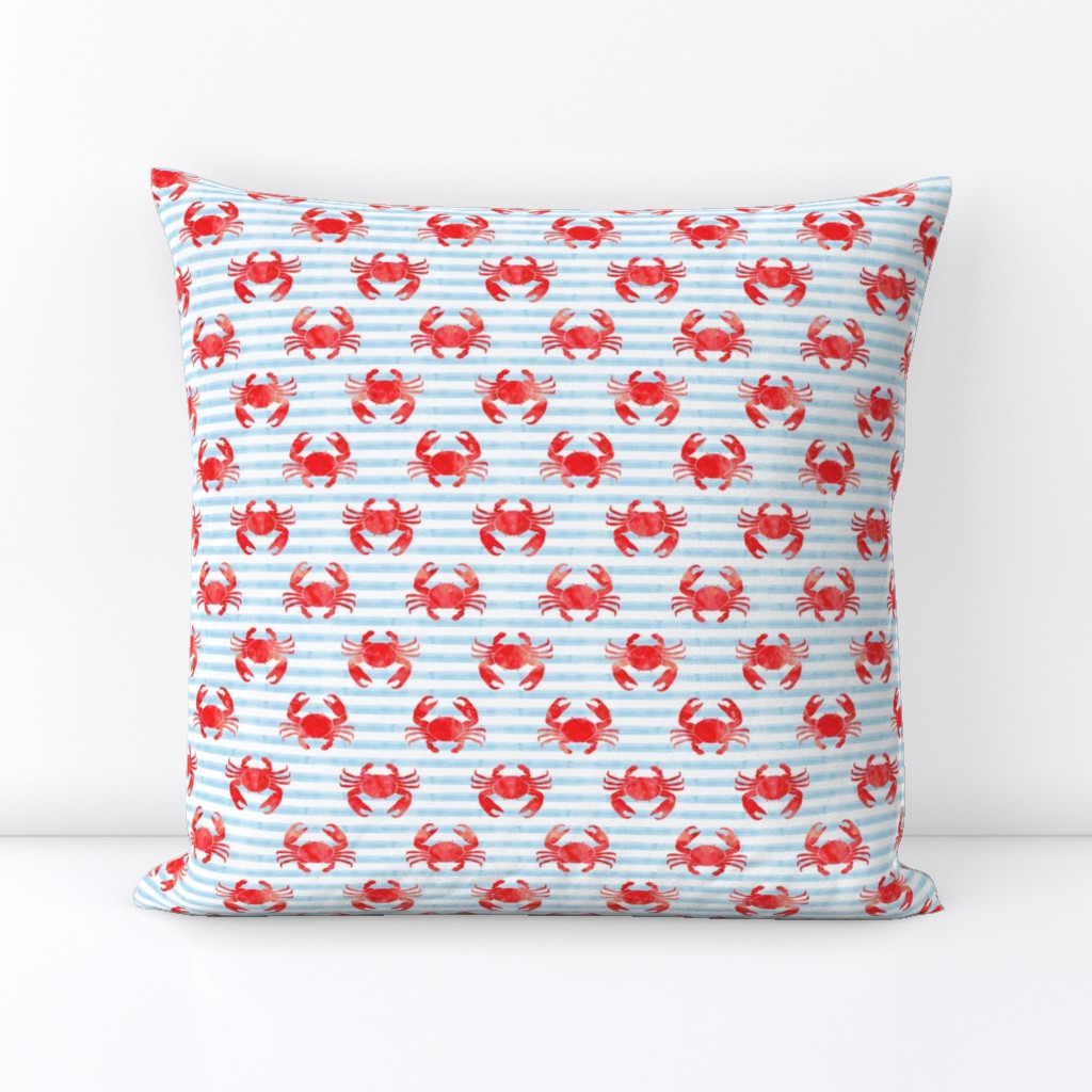 crabs - red on blue stripes - nautical summer fabric watercolor