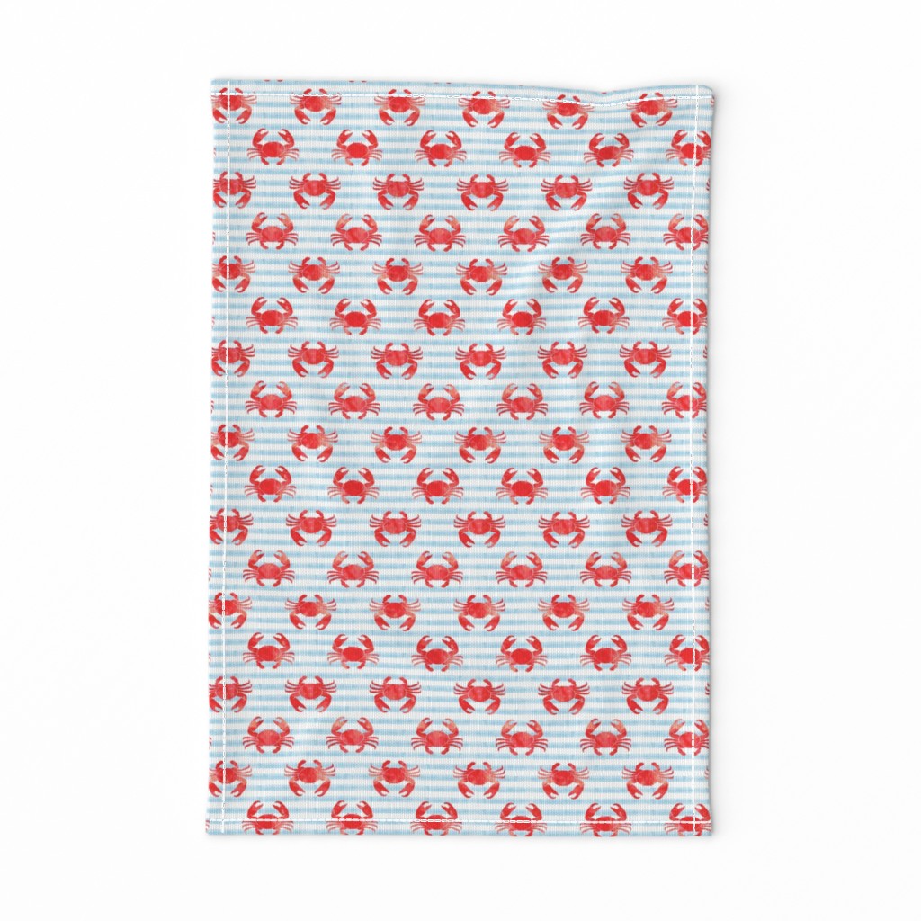 crabs - red on blue stripes - nautical summer fabric watercolor