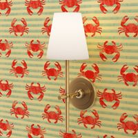 crabs - red on blue stripes - nautical summer fabric watercolor