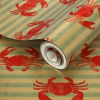 crabs - red on blue stripes - nautical summer fabric watercolor