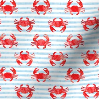 crabs - red on blue stripes - nautical summer fabric watercolor