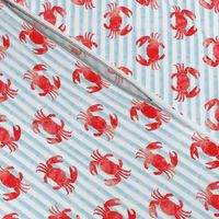 crabs - red on blue stripes - nautical summer fabric watercolor