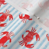 crabs - red on blue stripes - nautical summer fabric watercolor