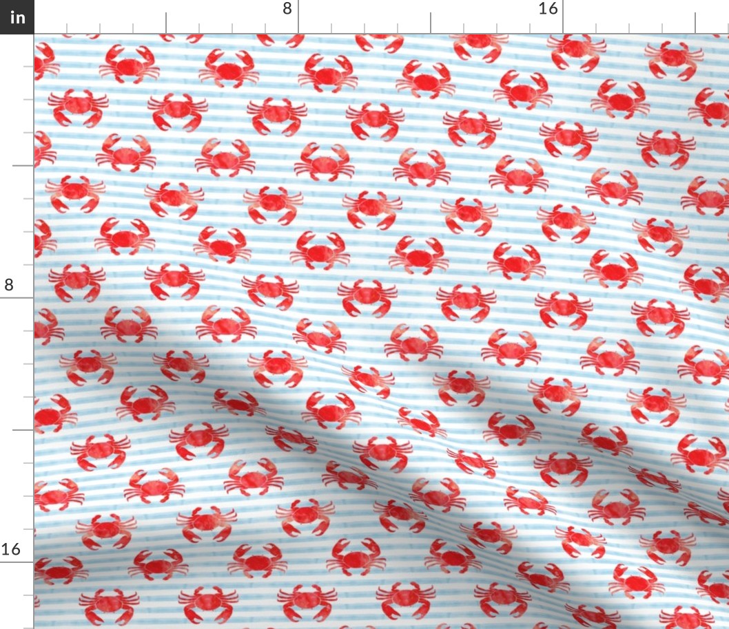 crabs - red on blue stripes - nautical summer fabric watercolor