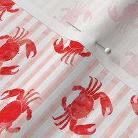 crabs - red on pink stripes - summer nautical watercolor fabric