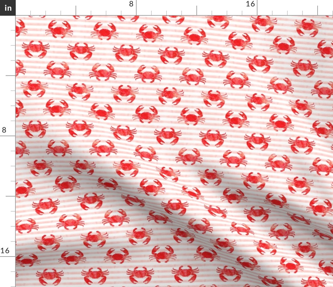 crabs - red on pink stripes - summer nautical watercolor fabric