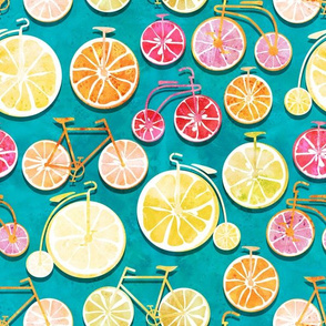 Juicy ride //  blue background multicoloured lemons oranges and bikes