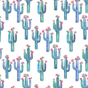 Little Watercolor Saguaro Cacti with Pink Flowers