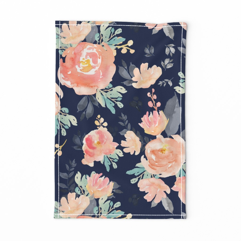 21" Coral Grey and Mint Florals Navy Background